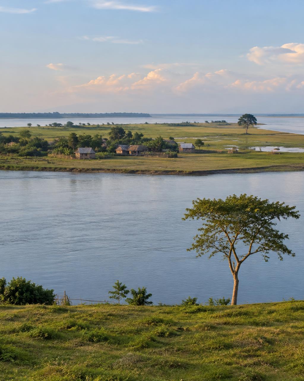 The river island of Majuli on the Brahmaputra with a small village and lone trees