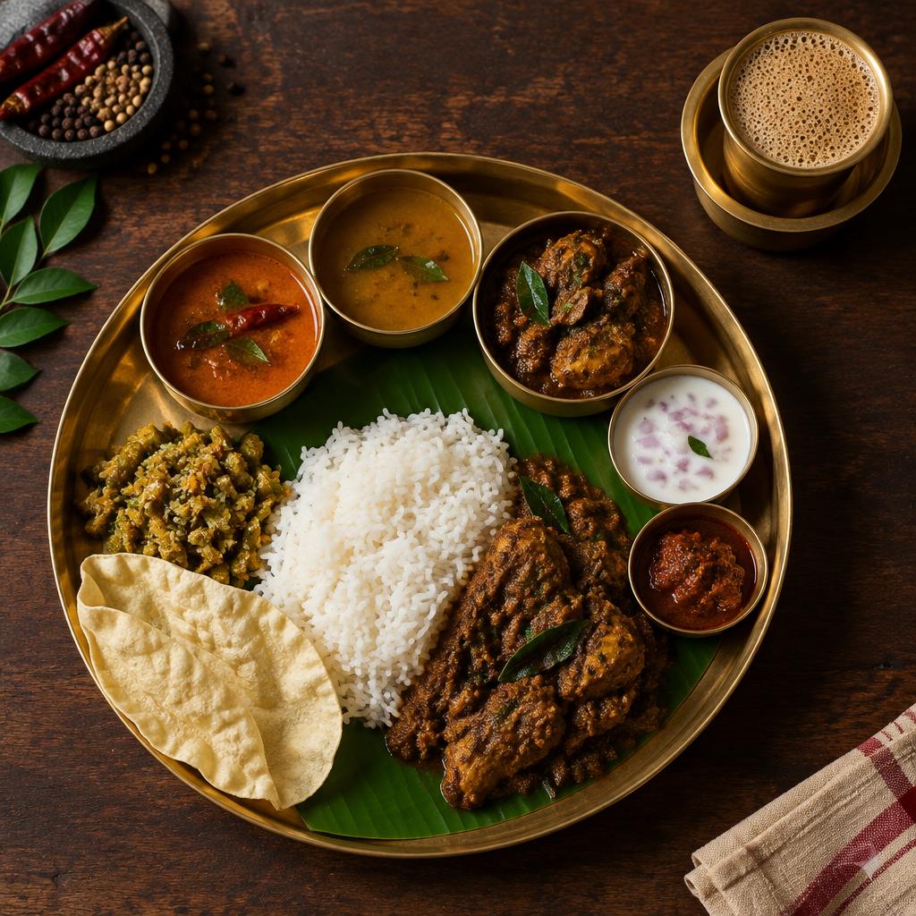 Brass thali of Chettinad food with filter coffee on a wooden table
