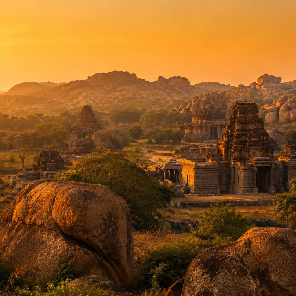 Boulder-strewn ruins of Hampi at golden hour