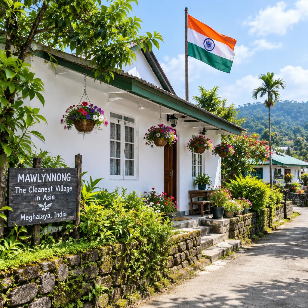 White-washed house with flower baskets in Mawlynnong, Meghalaya