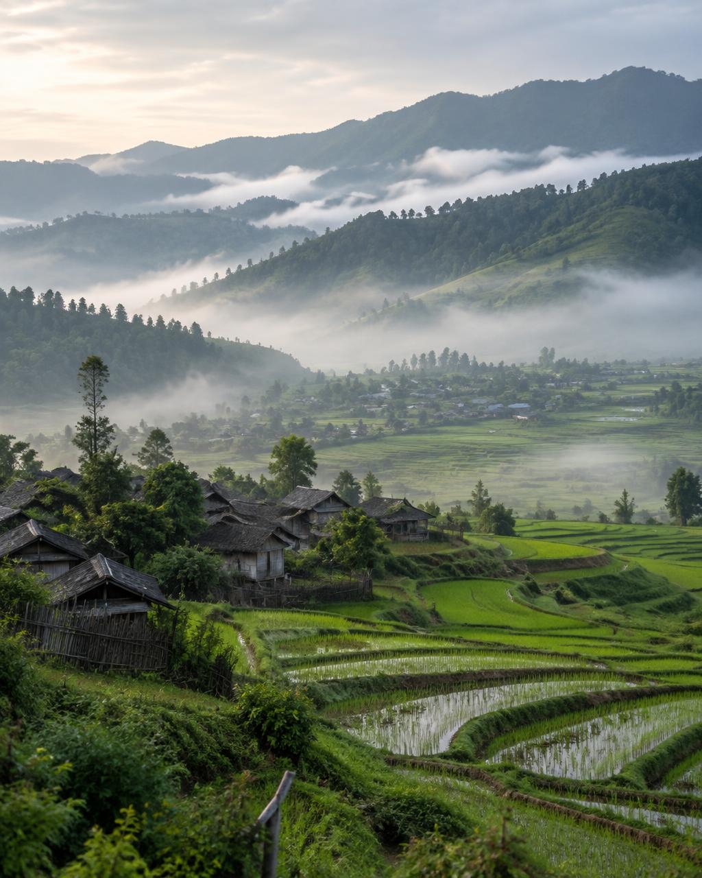 Misty morning over the terraced paddy fields of Ziro Valley, Arunachal Pradesh